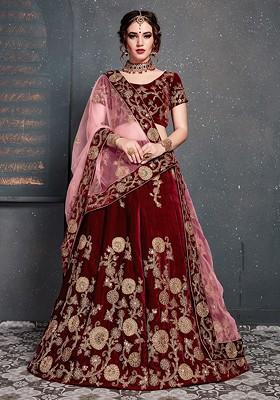 Maroon Zari And Sequin Embroidered Velvet Lehenga Set
