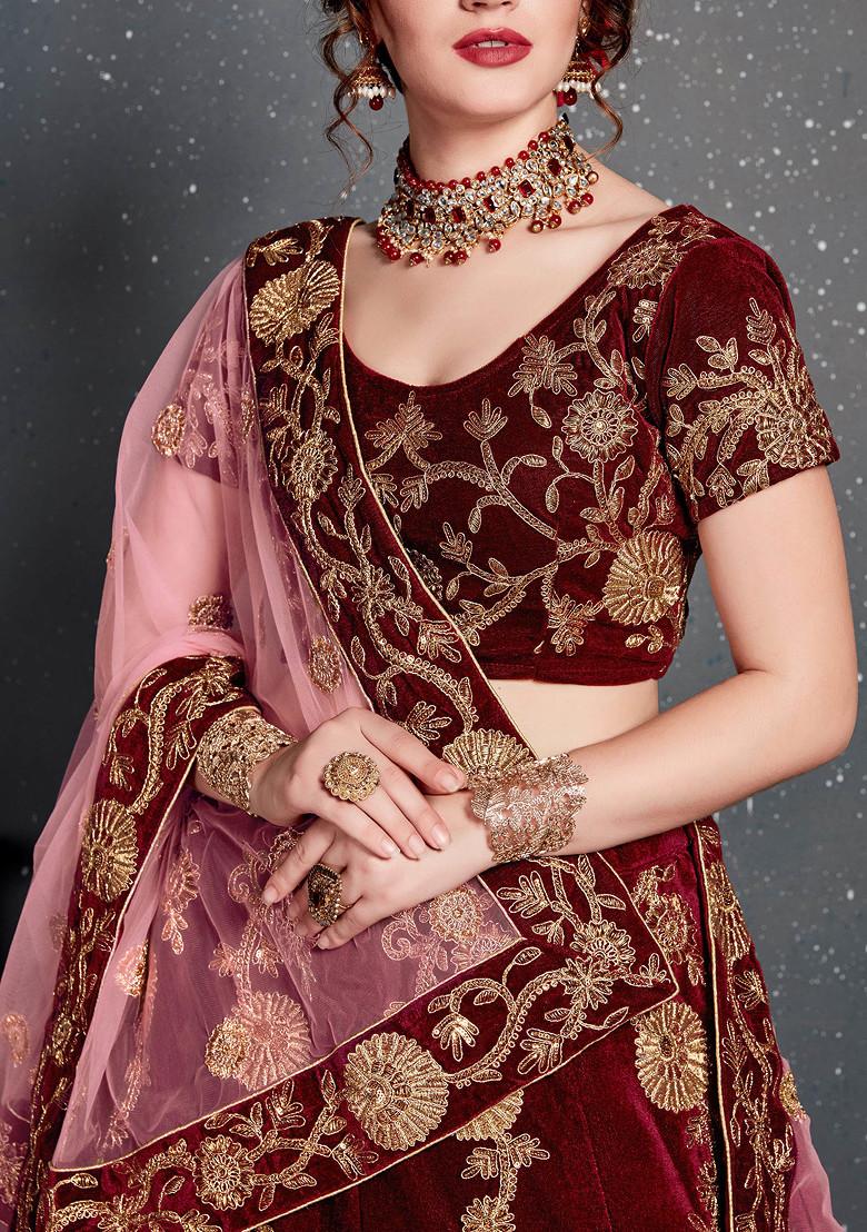 Maroon Zari And Sequin Embroidered Velvet Lehenga Set - Indya
