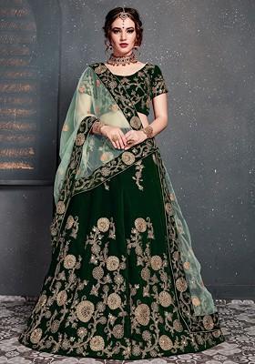 Dark Green Zari And Sequin Embroidered Velvet Lehenga Set