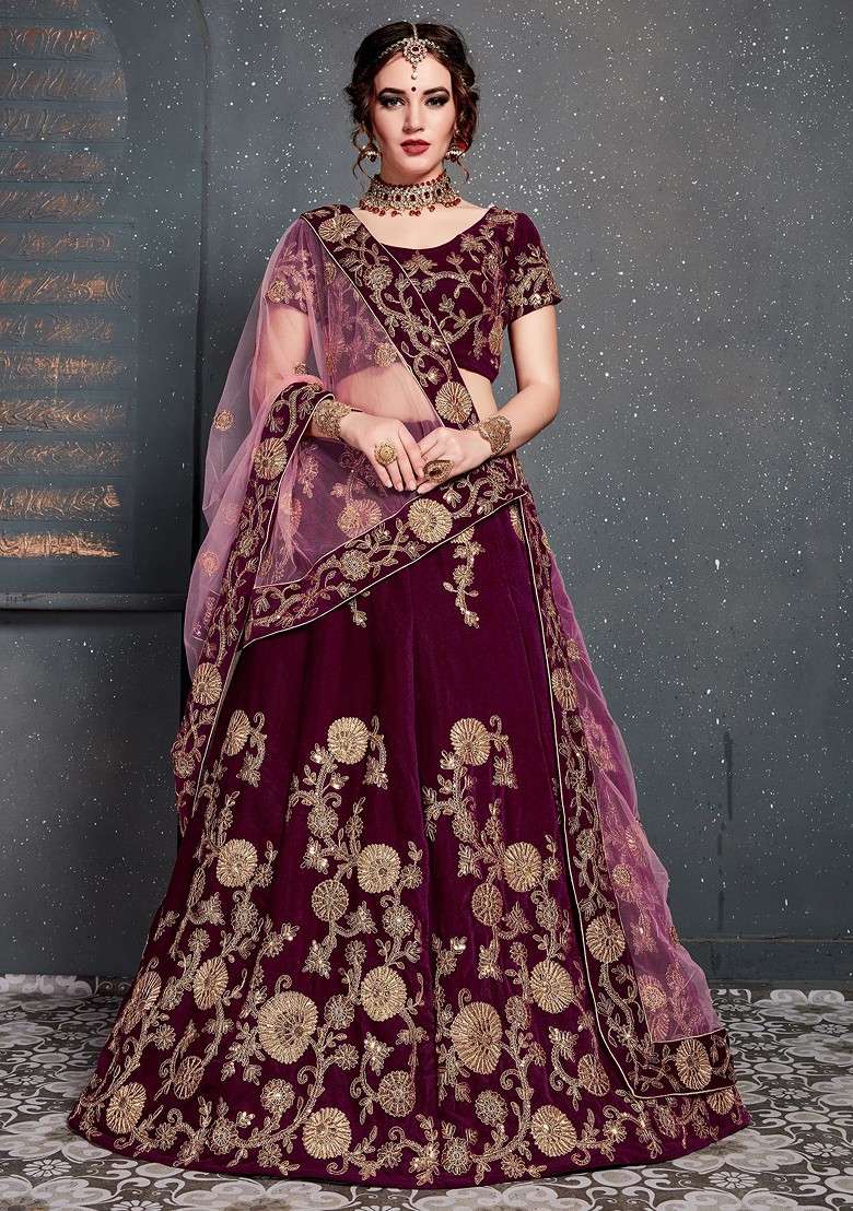 Purple Zari And Sequin Embroidered Velvet Lehenga Set for Diwali and Festive Wear - Indya
