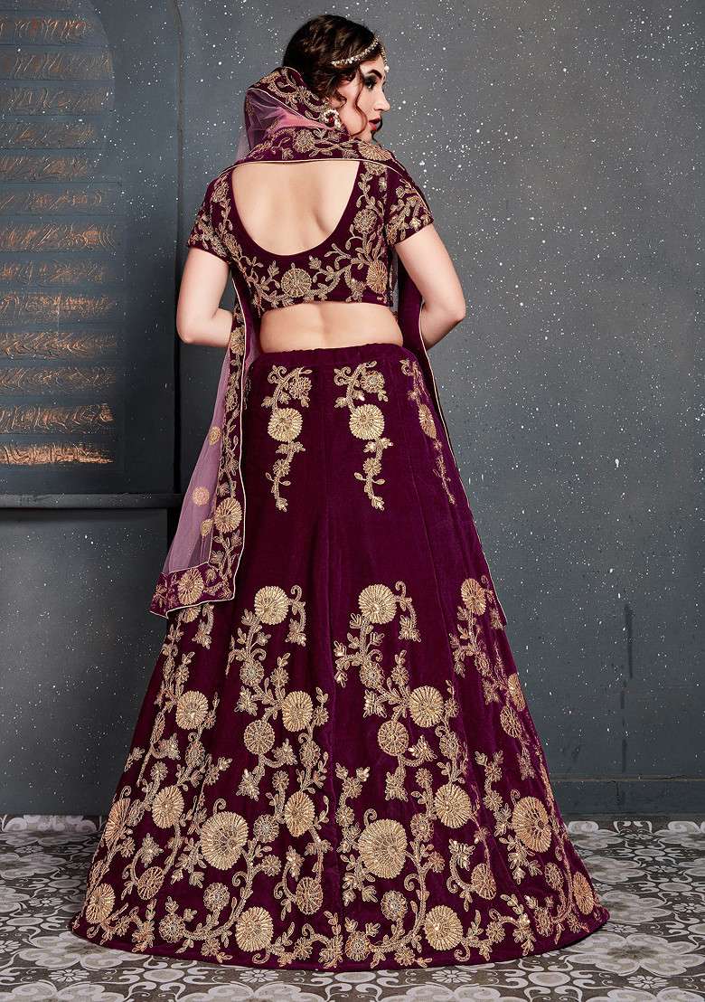 Purple Zari And Sequin Embroidered Velvet Lehenga Set for Diwali and Festive Wear - Indya