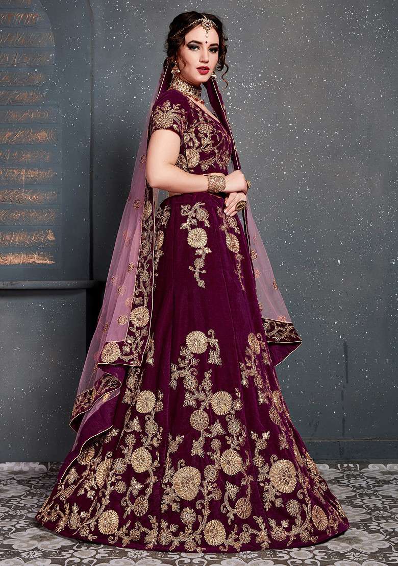 Purple Zari And Sequin Embroidered Velvet Lehenga Set for Diwali and Festive Wear - Indya