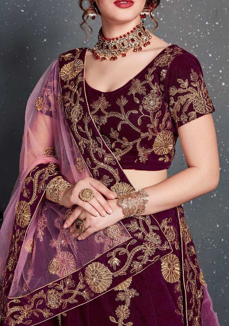 Purple Zari And Sequin Embroidered Velvet Lehenga Set for Diwali and Festive Wear - Indya