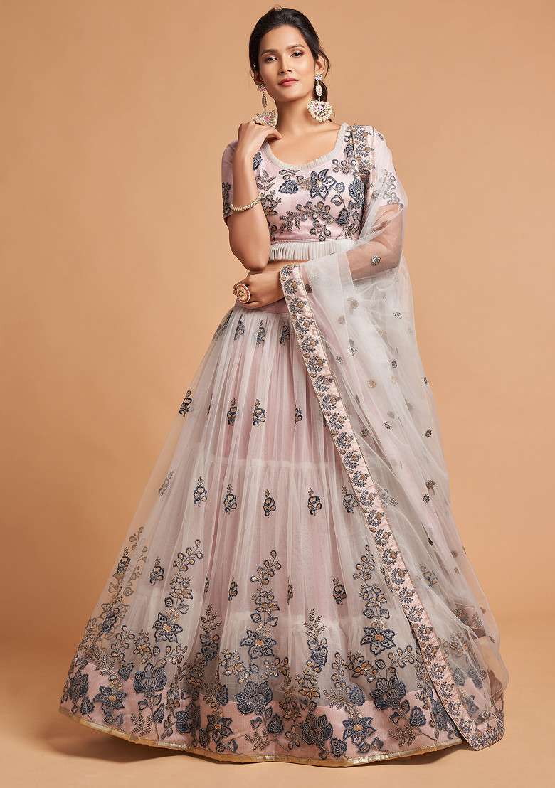Grey Zari And Sequin Embroidered Soft Net Lehenga Set for Diwali and Festive Wear - Indya