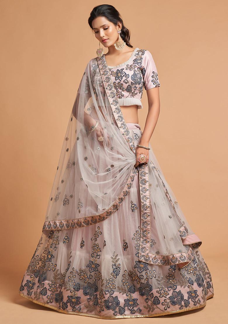 Grey Zari And Sequin Embroidered Soft Net Lehenga Set