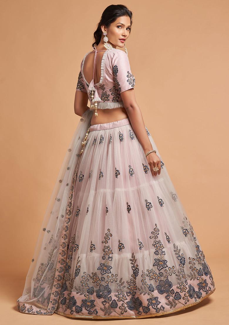 Grey Zari And Sequin Embroidered Soft Net Lehenga Set