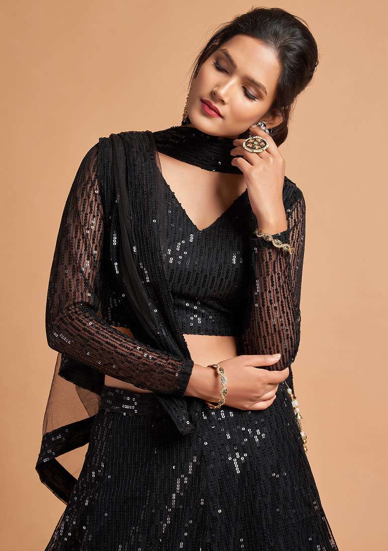 Black Zari And Sequin Embroidered Soft Net Lehenga Set for Diwali and Festive Wear - Indya