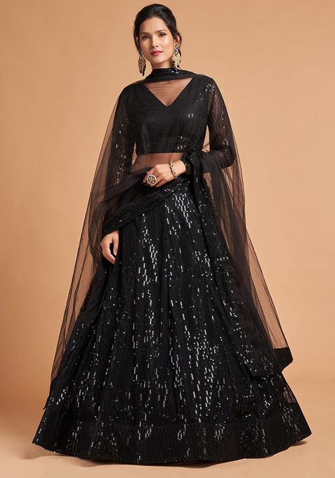 Black Zari And Sequin Embroidered Soft Net Lehenga Set