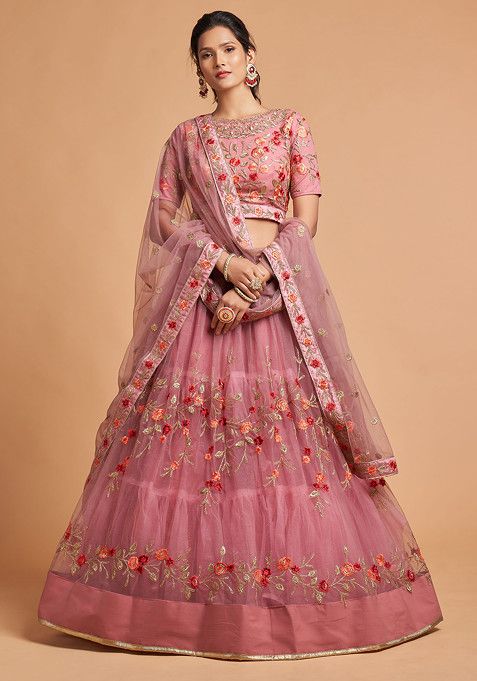 Dusty Pink Zari And Thread Embroidered Lehenga Set