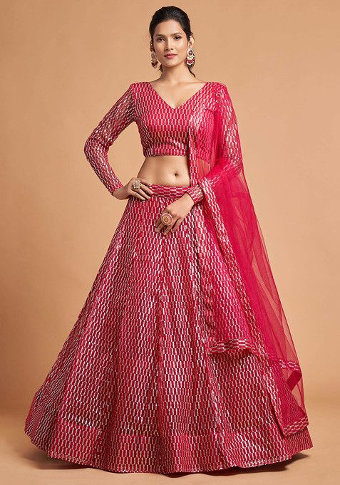 Hot Pink Thread And Sequin Embroidered Lehenga Set