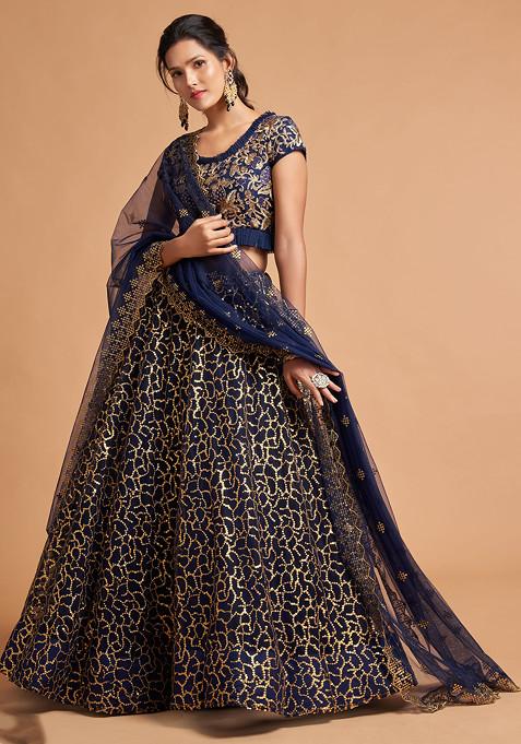 Navy Blue Zari And Sequin Embroidered Lehenga Set