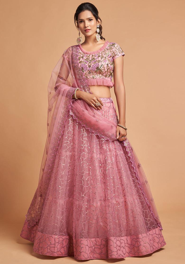 Blush Pink Zari And Sequin Embroidered Lehenga Set - Indya
