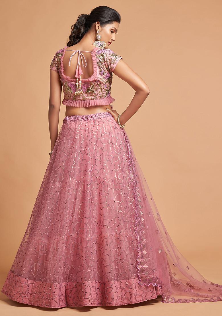 Blush Pink Zari And Sequin Embroidered Lehenga Set - Indya
