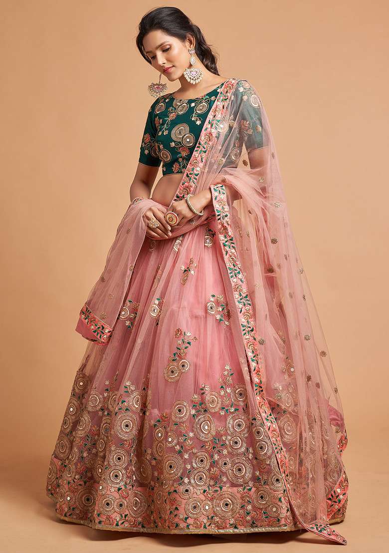 Peach And Green Mirror Work Zari Embroidered Lehenga Set for Diwali and Festive Wear - Indya