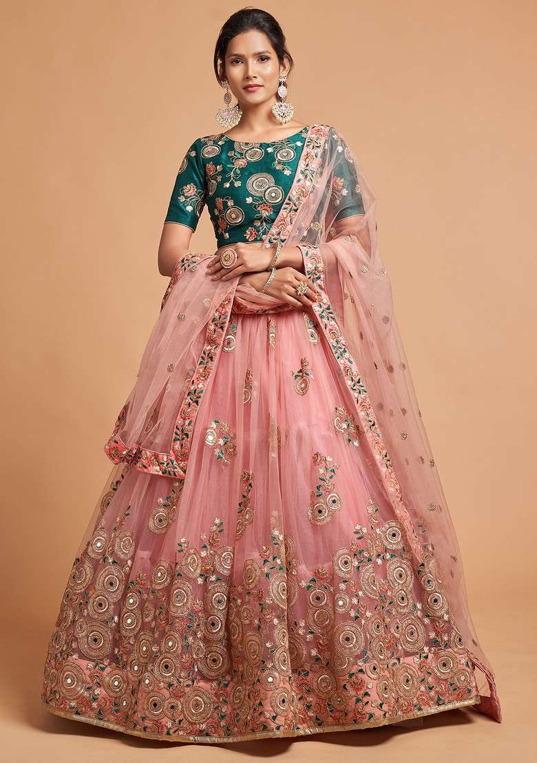 Peach And Green Mirror Work Zari Embroidered Lehenga Set for Diwali and Festive Wear - Indya