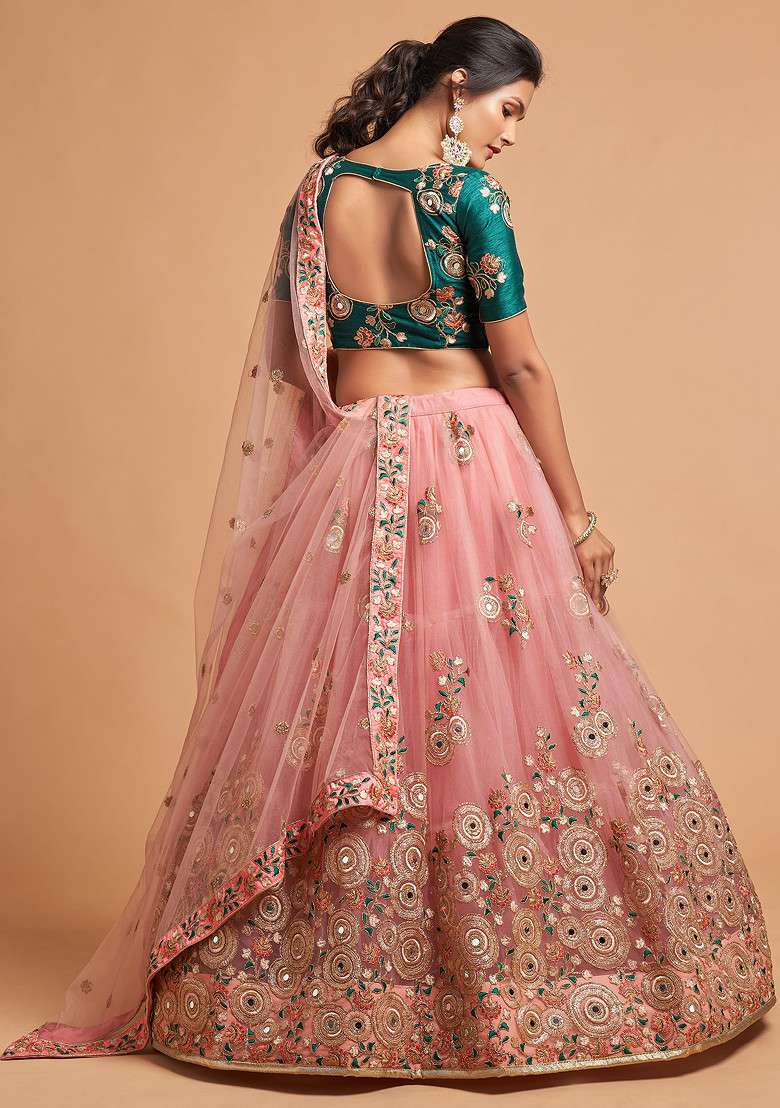 Peach And Green Mirror Work Zari Embroidered Lehenga Set for Diwali and Festive Wear - Indya