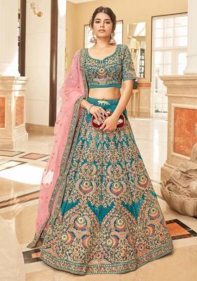 Teal Blue Zari And Sequin Embroidered Velvet Lehenga Set