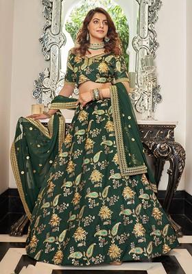 Green Zari And Sequin Embroidered Art Silk Lehenga Set