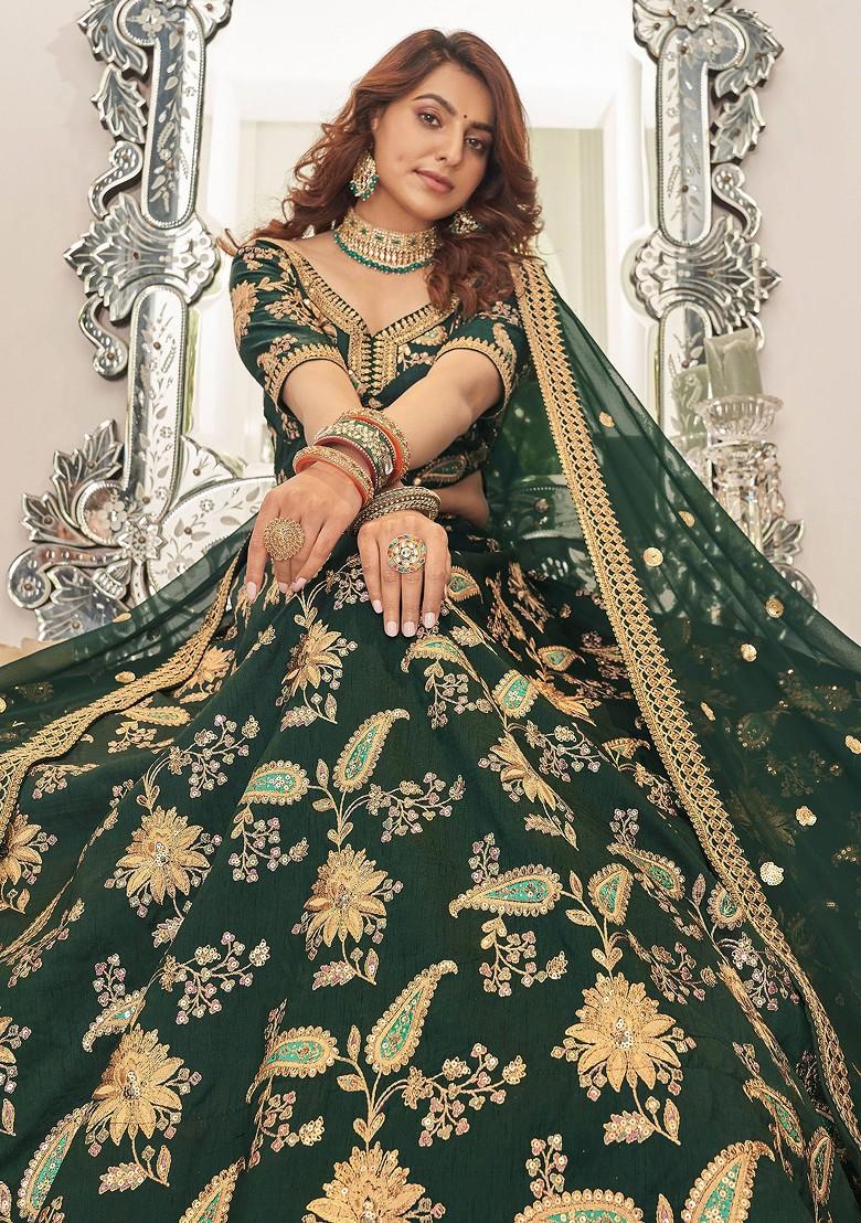 Green Zari And Sequin Embroidered Art Silk Lehenga Set - Indya