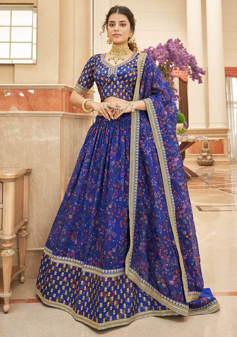 Blue Zari And Sequin Embroidered Art Silk Blend Lehenga Set for Diwali and Festive Wear - Indya