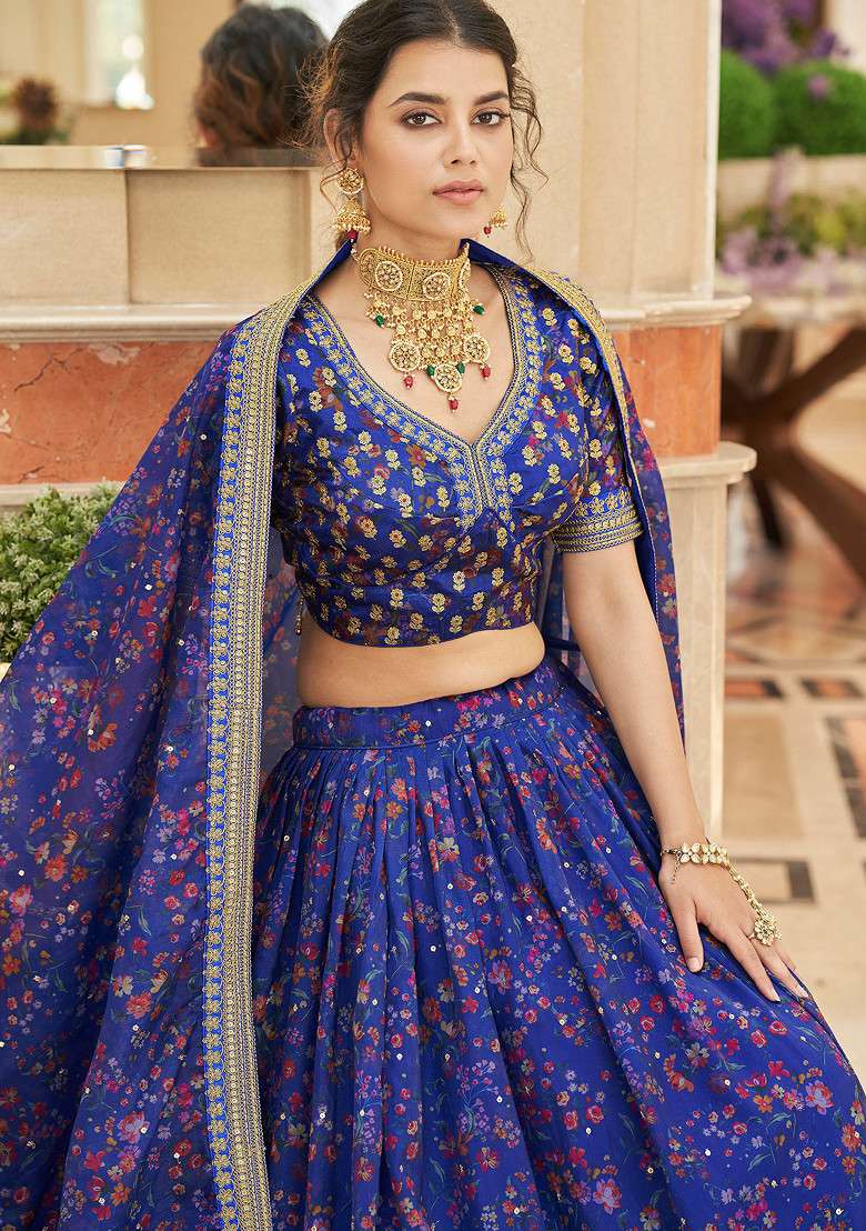 Blue Zari And Sequin Embroidered Art Silk Blend Lehenga Set for Diwali and Festive Wear - Indya