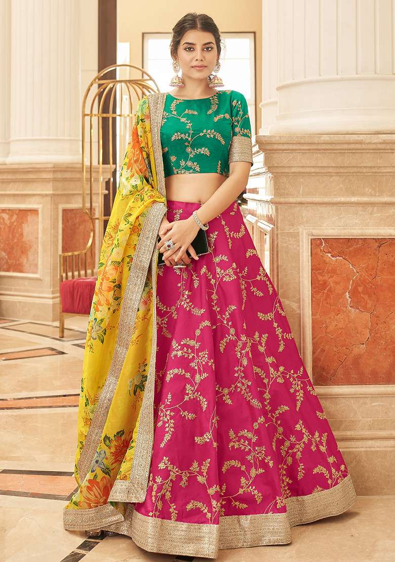 Pink And Yellow Zari And Blend Art Silk Lehenga Set with Embroidered & Sequin for Diwali | Wedding & Festive Wear - Indya