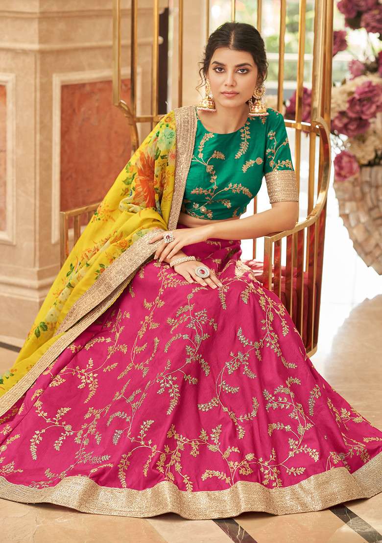Pink And Yellow Zari And Blend Art Silk Lehenga Set with Embroidered & Sequin for Diwali | Wedding & Festive Wear - Indya