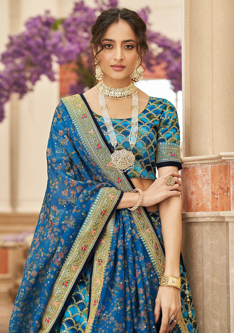 Blue Zari And Sequin Work Art Silk Lehenga Set - Indya