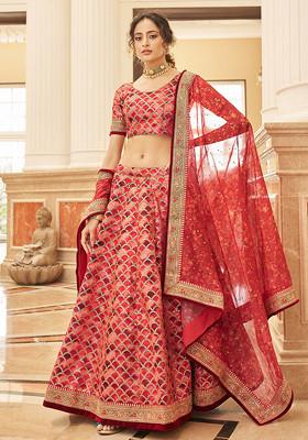 Red Zari And Sequin Embroidered Art Silk Lehenga Set