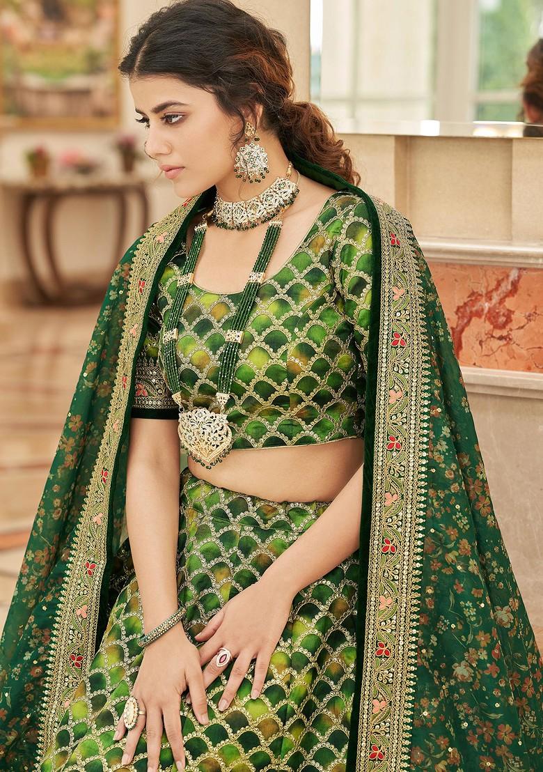 Green Zari And Sequin Embroidered Lehenga Set - Indya