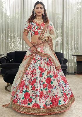 White And Red Stone Work Digital Print Art Silk Lehenga Set