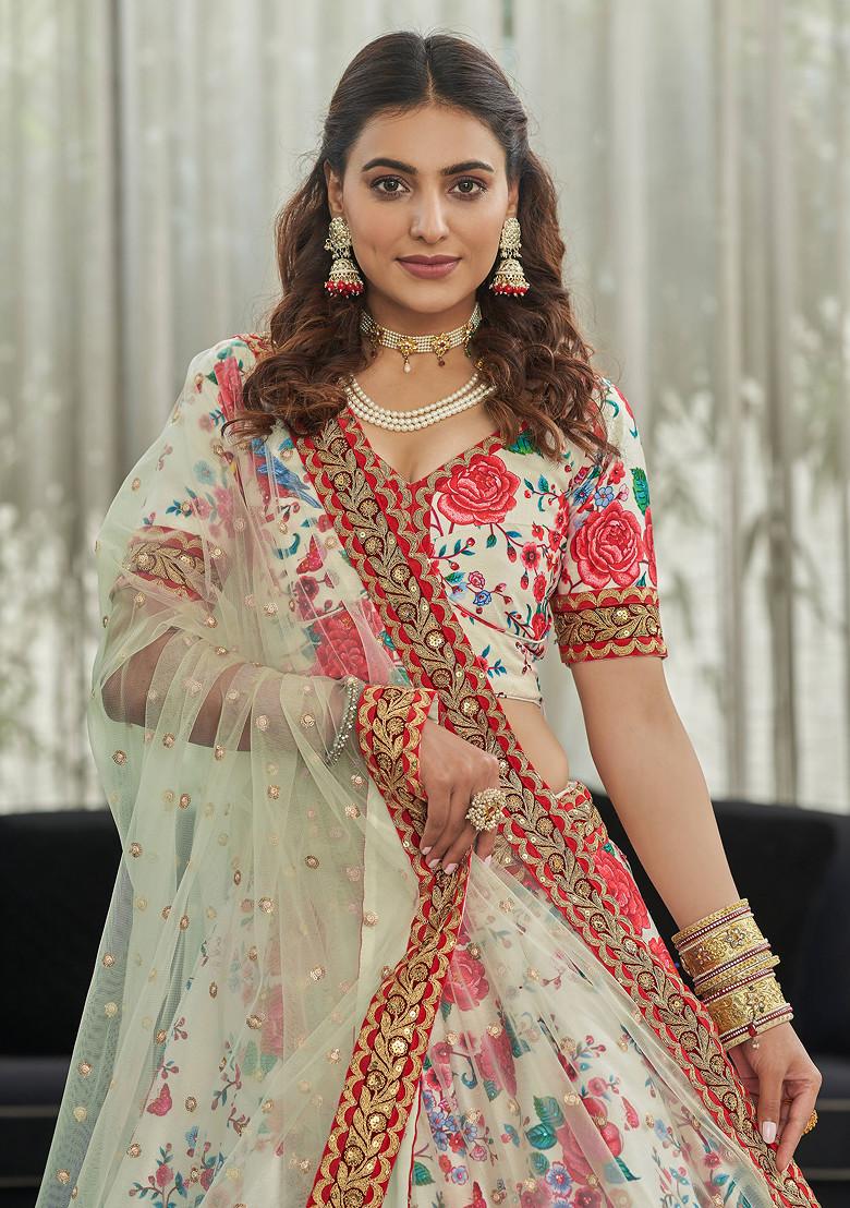 White And Red Stone Work Digital Print Art Silk Lehenga Set