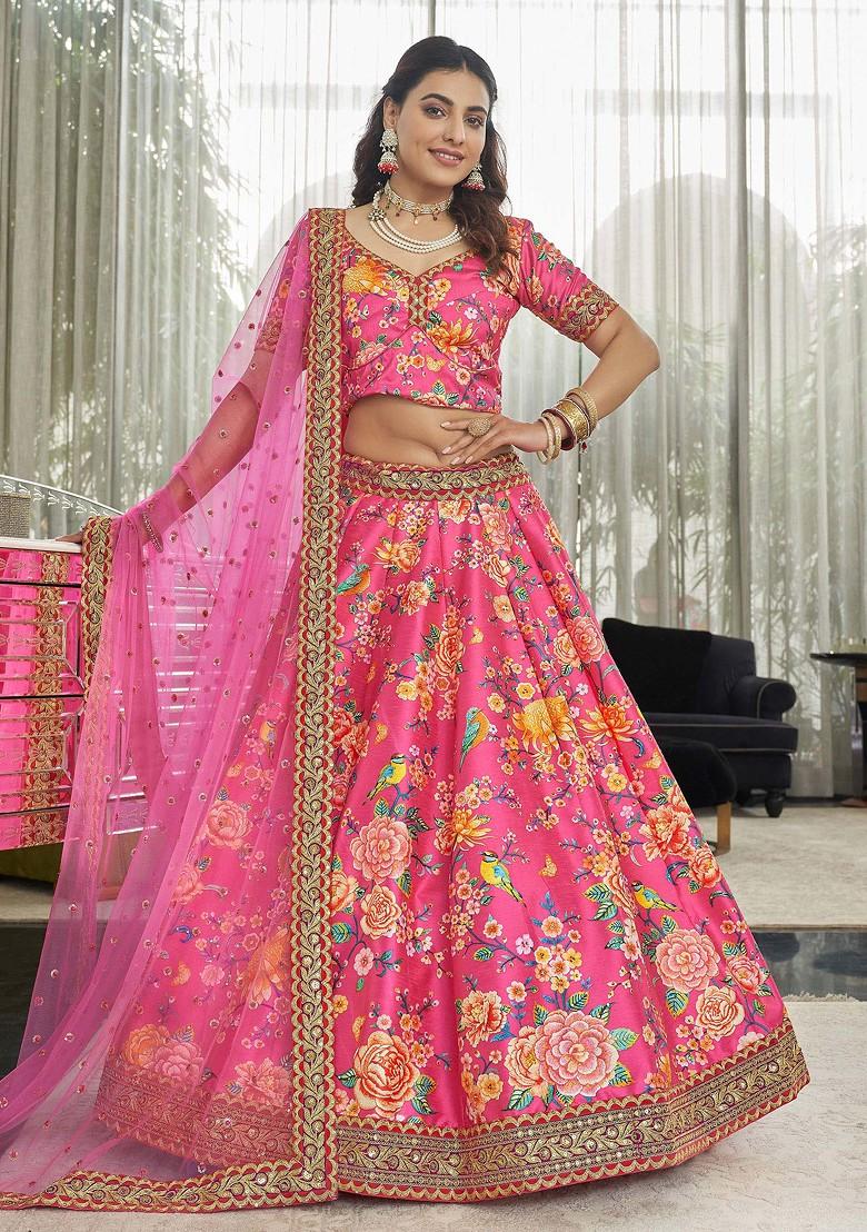 Deep Pink Stone Work Digital Print Art Silk Lehenga Set - Indya