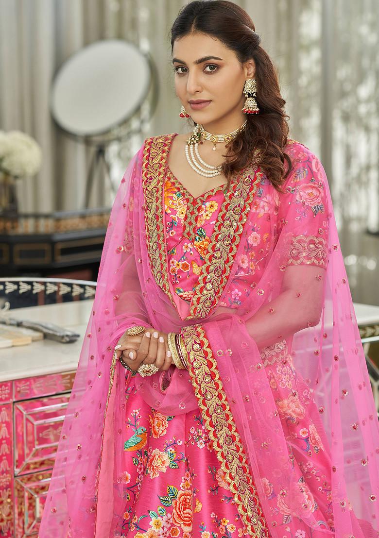 Deep Pink Stone Work Digital Print Art Silk Lehenga Set - Indya