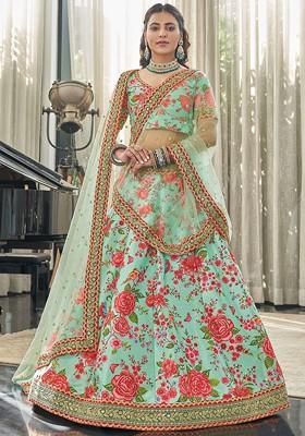 Mint And Red Stone Work Digital Print Art Silk Lehenga Set