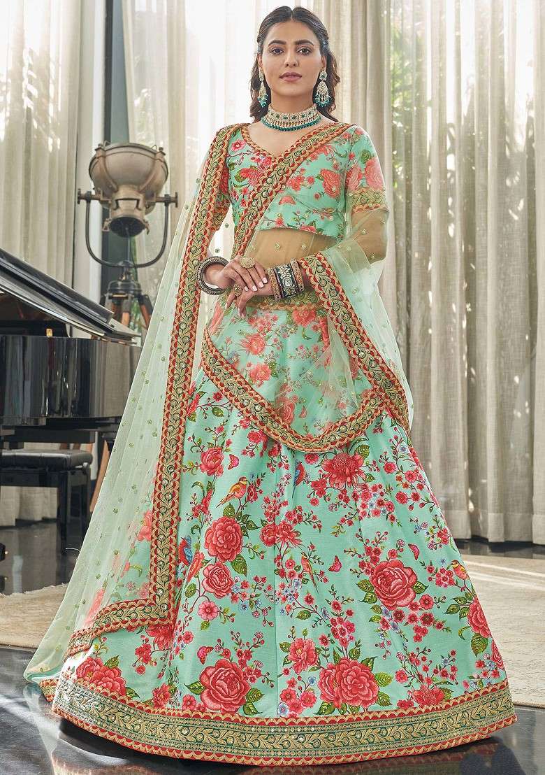 Mint And Red Blend Art Silk Lehenga Set with Digital Print & Stone Work for Diwali | Wedding & Festive Wear - Indya