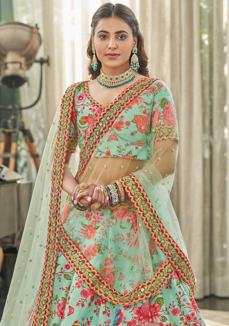 Mint And Red Blend Art Silk Lehenga Set with Digital Print & Stone Work for Diwali | Wedding & Festive Wear - Indya