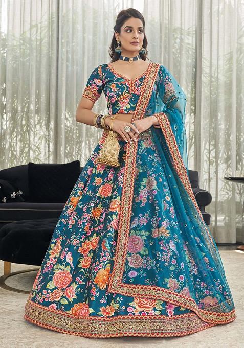 Teal Blue Stone Work Digital Print Art Silk Lehenga Set