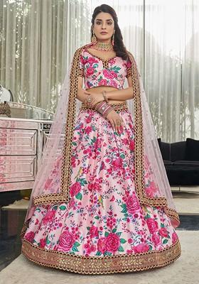 Light Pink Stone Work Digital Print Art Silk Lehenga Set