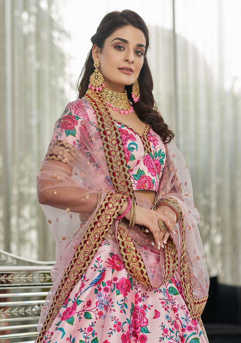 Light Pink Stone Work Digital Print Art Silk Lehenga Set - Indya