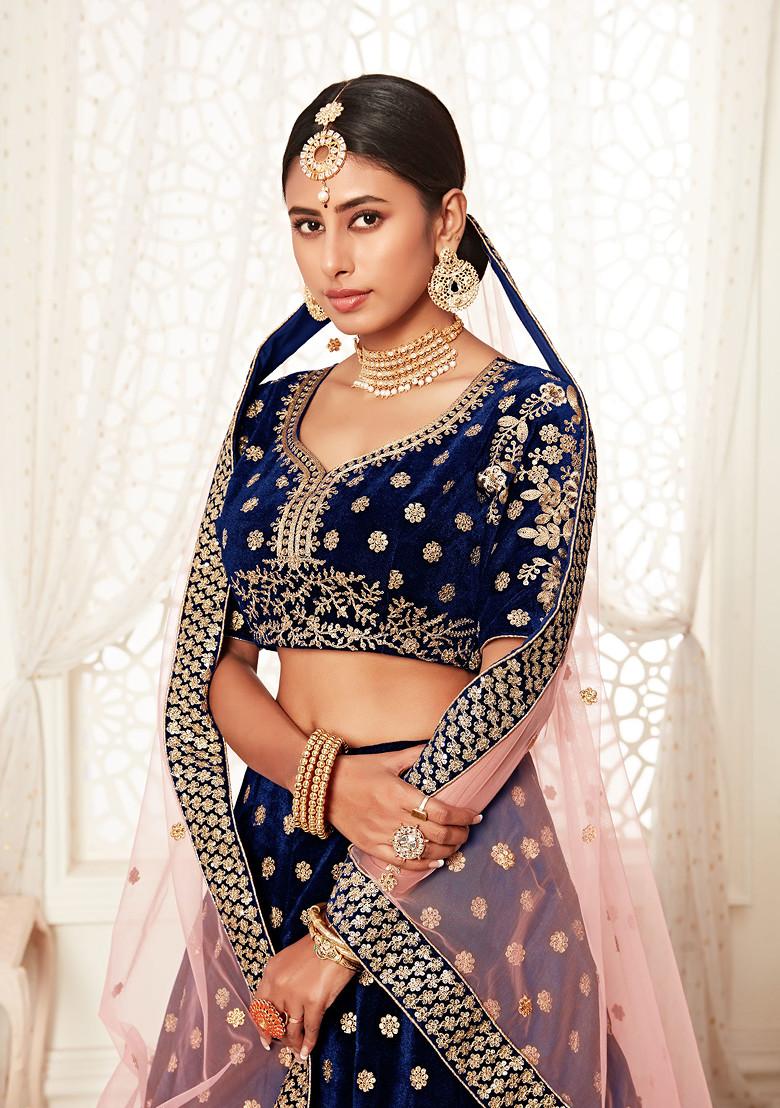 Navy Blue Sequin Embroidered Velvet Lehenga Set - Indya