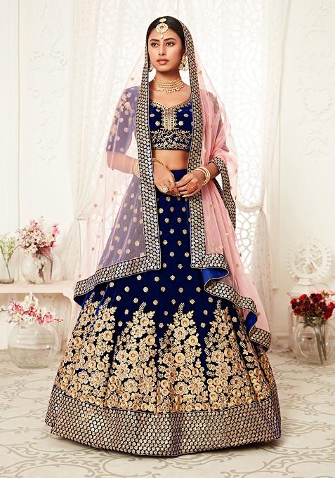 Navy Blue Sequin Embroidered Velvet Lehenga Set