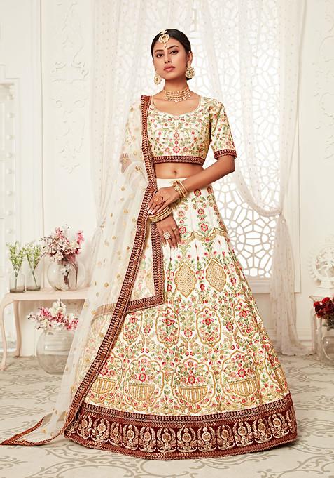 Off White Sequin Embroidered Art Silk Lehenga Set