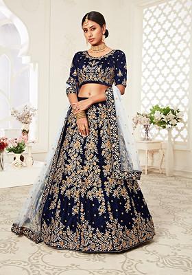 Navy Blue Zari Embroidered Work Velvet Lehenga Set