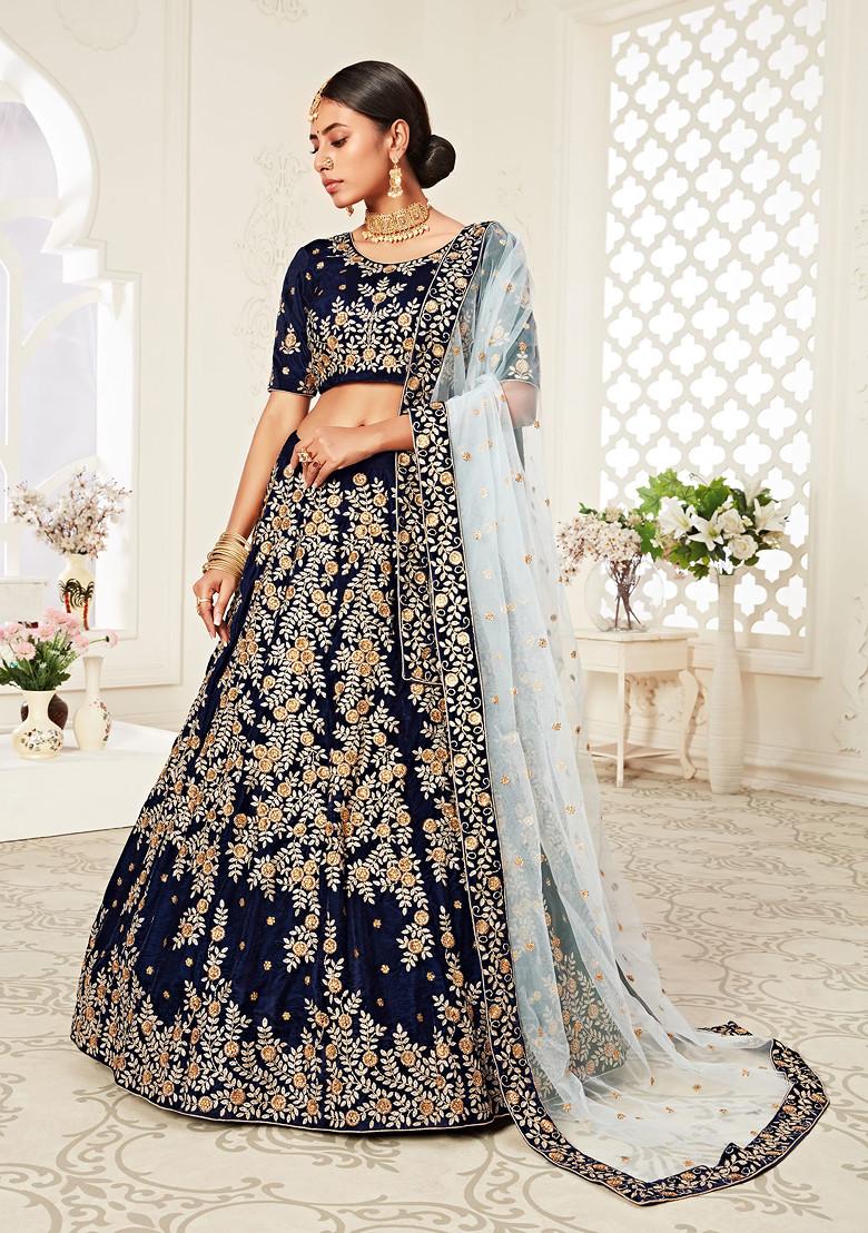 Navy Blue Zari Embroidered Work Velvet Lehenga Set