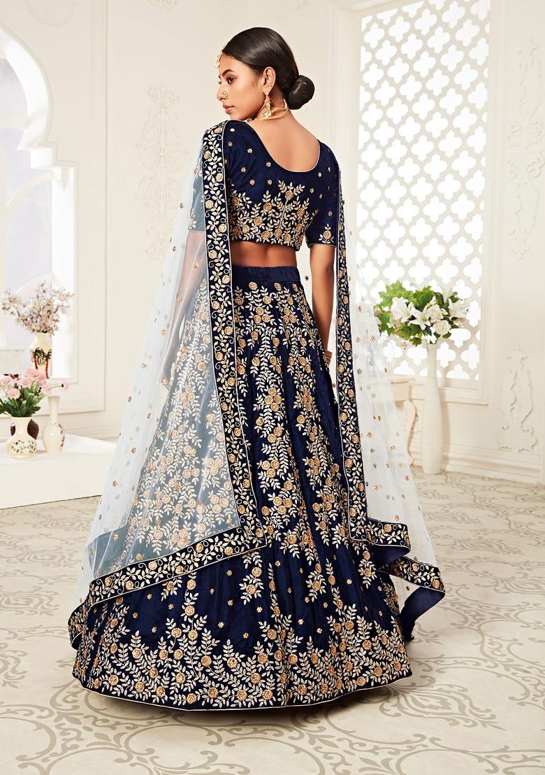 Navy Blue Zari Embroidered Work Velvet Lehenga Set