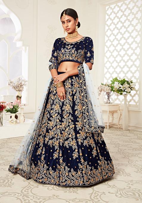 Navy Blue Zari Embroidered Work Velvet Lehenga Set