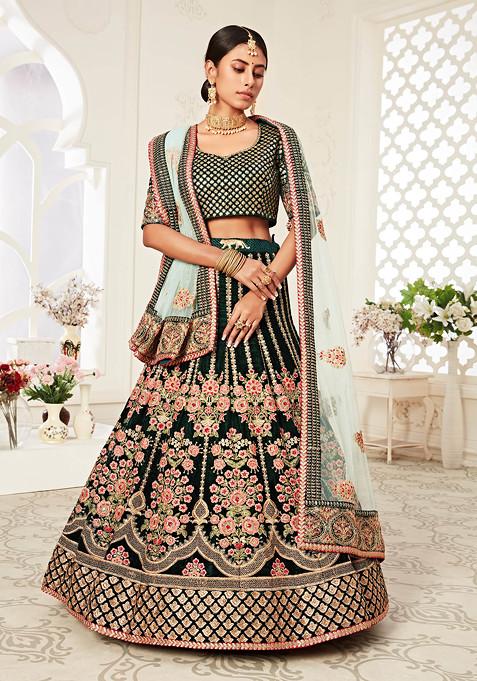 Green Sequin Embroidered Work Velvet Lehenga Set