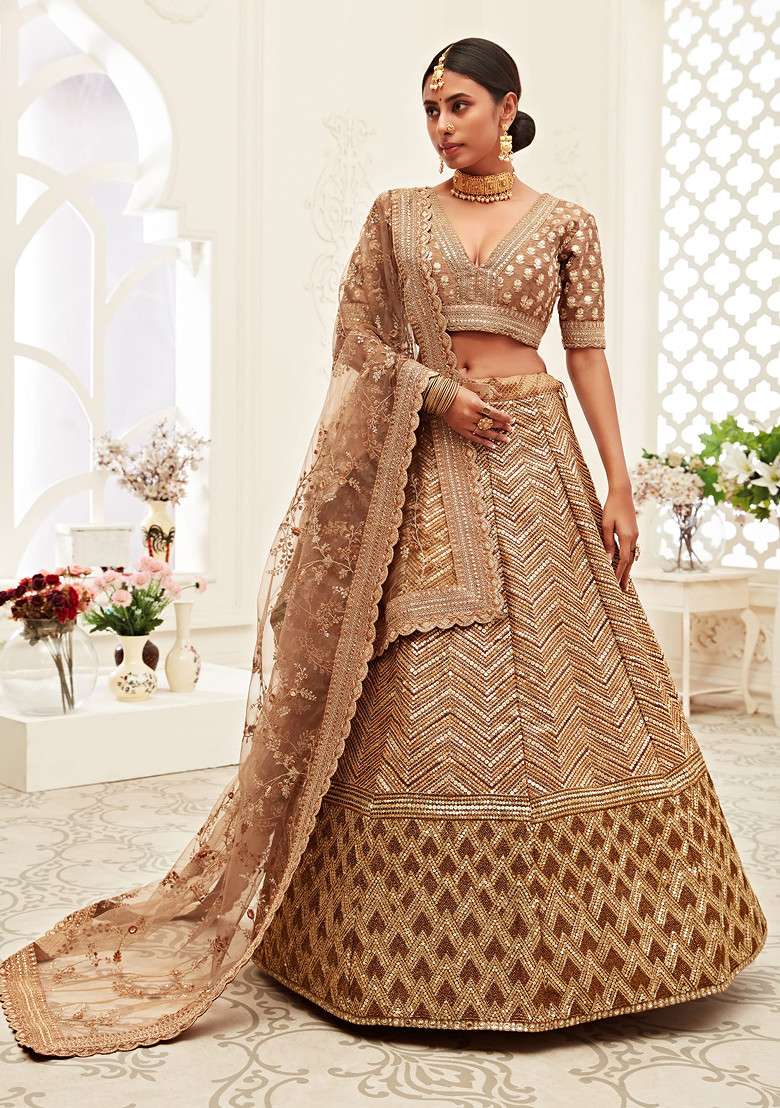 Brown Sequin Embroidered Slub Silk Blend Lehenga Set for Diwali and Festive Wear - Indya