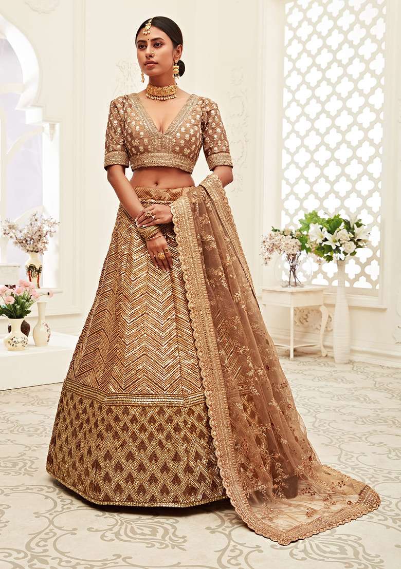 Brown Sequin Embroidered Slub Silk Blend Lehenga Set for Diwali and Festive Wear - Indya